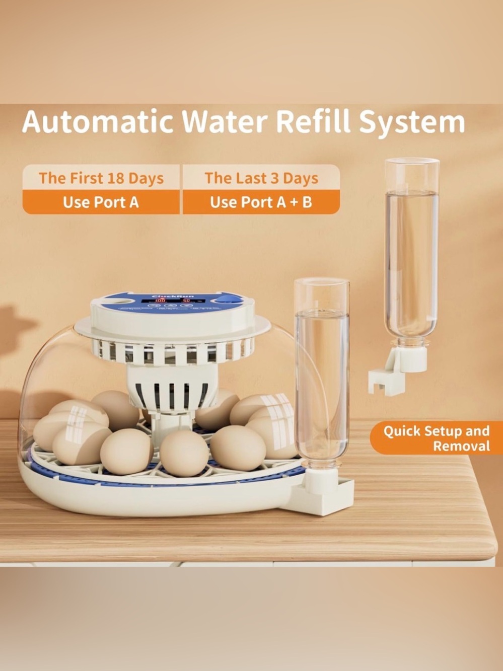 Automatic Egg Incubator with Blue Control Panel and Clear Water Bottles
